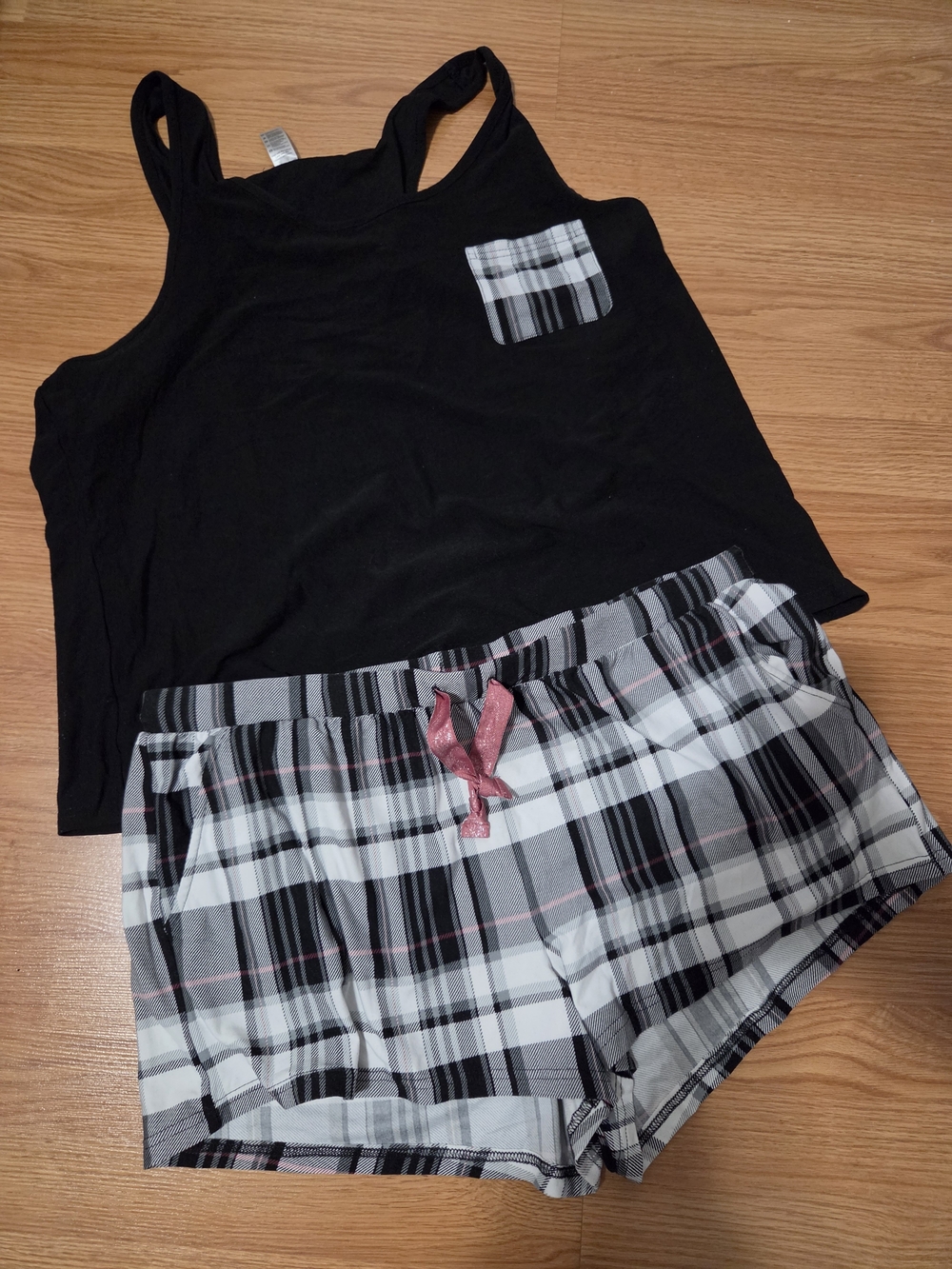 George Black Tank with Gray Plaid Sleep Shorts - Pink Accent
